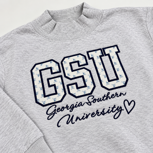 Blue Floral Varsity Appliqué Mockneck or Sweatshirt