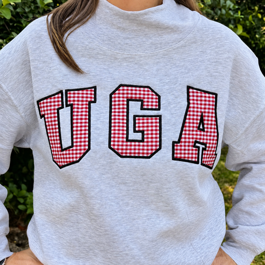 Red Gingham Appliqué Mock Neck Sweatshirt