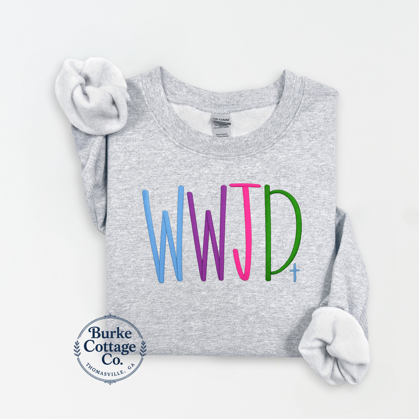 Multicolor WWJD embroidered sweatshirt