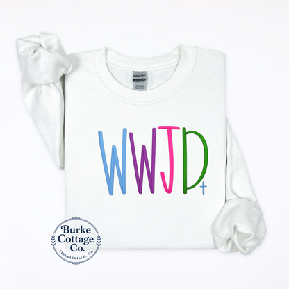 Multicolor WWJD embroidered sweatshirt