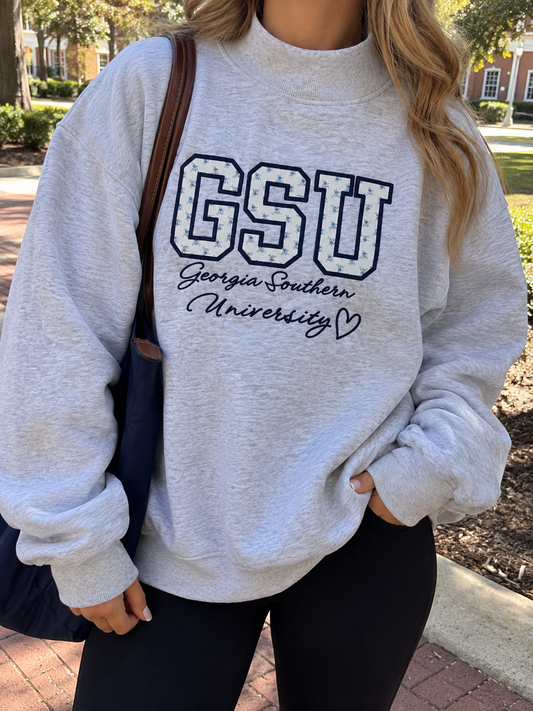 Blue Floral Varsity Appliqué Mockneck or Sweatshirt