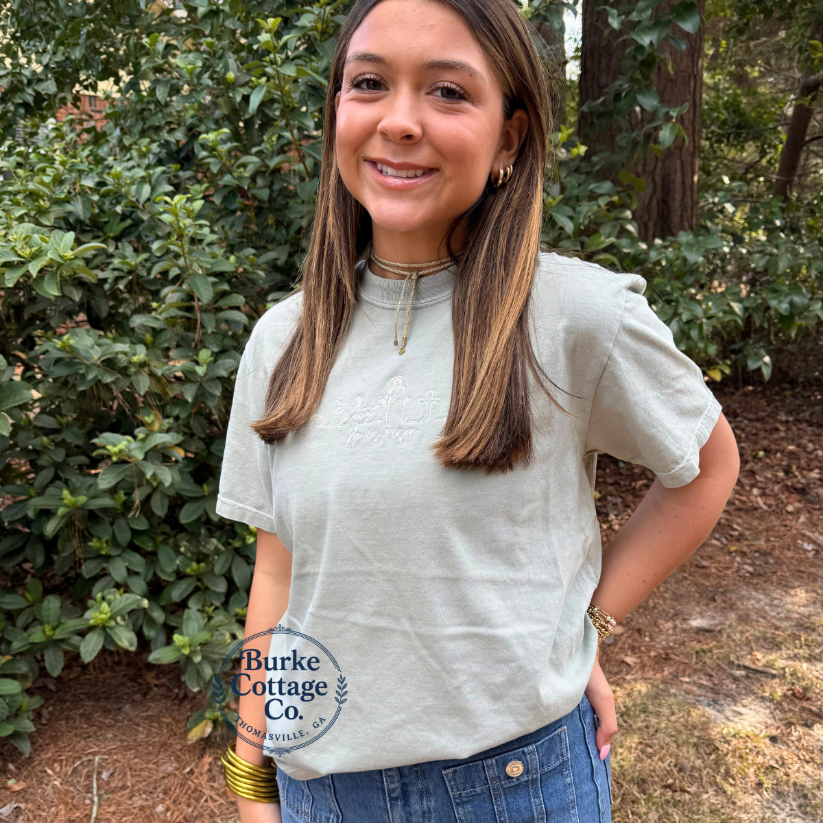 He Is Risen Embroidered Comfort Colors T-Shirt | Christian Easter Shirt