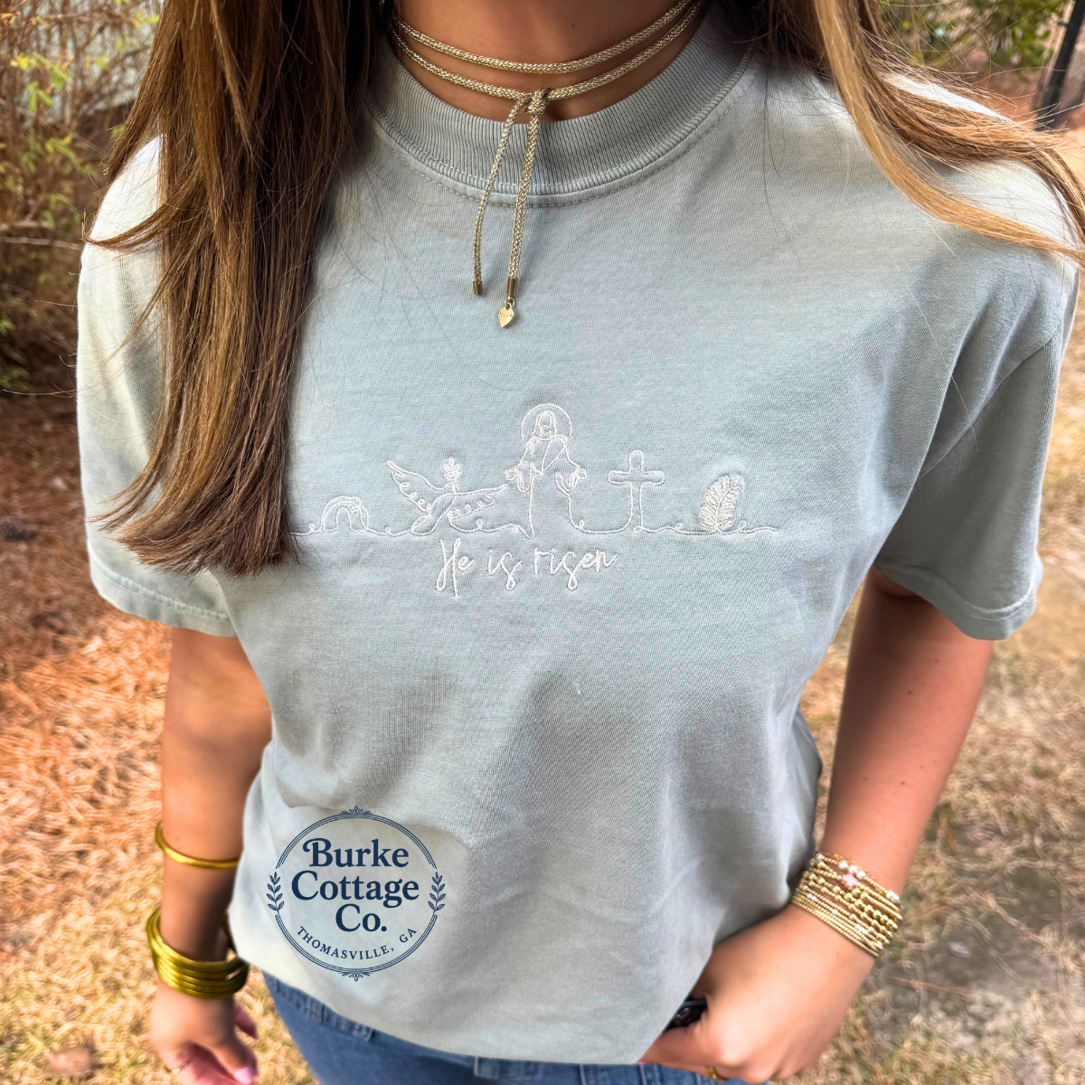 He Is Risen Embroidered Comfort Colors T-Shirt | Christian Easter Shirt