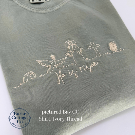 He Is Risen Embroidered Comfort Colors T-Shirt | Christian Easter Shirt